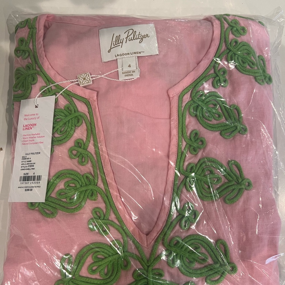 Lilly Pulitzer Pink Maxi Linen Caftan Ariella Green Embroidery - Picture 9 of 17